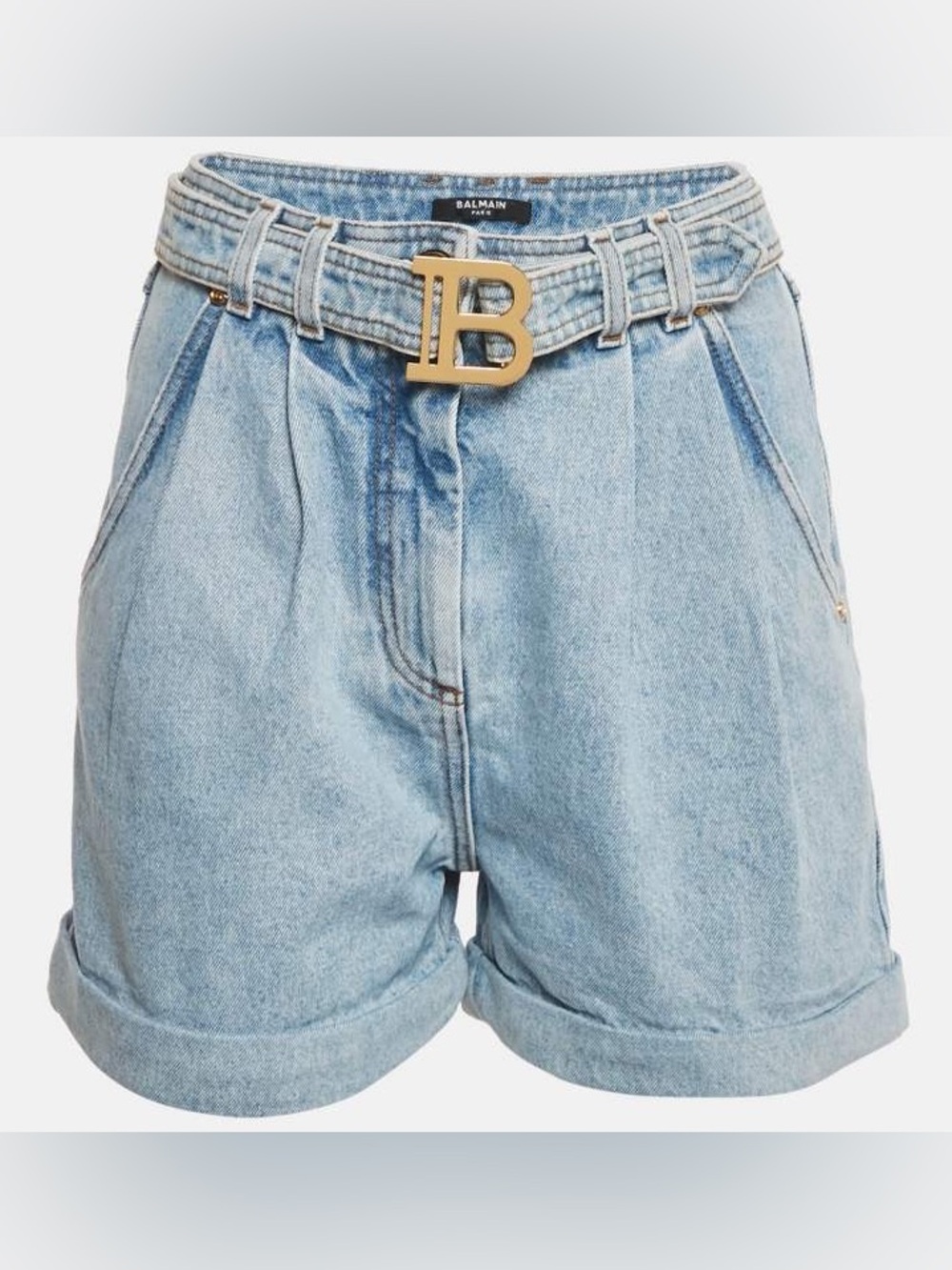 Balmain Blue B Buckle Logo Detail Belt High Waist Denim Shorts